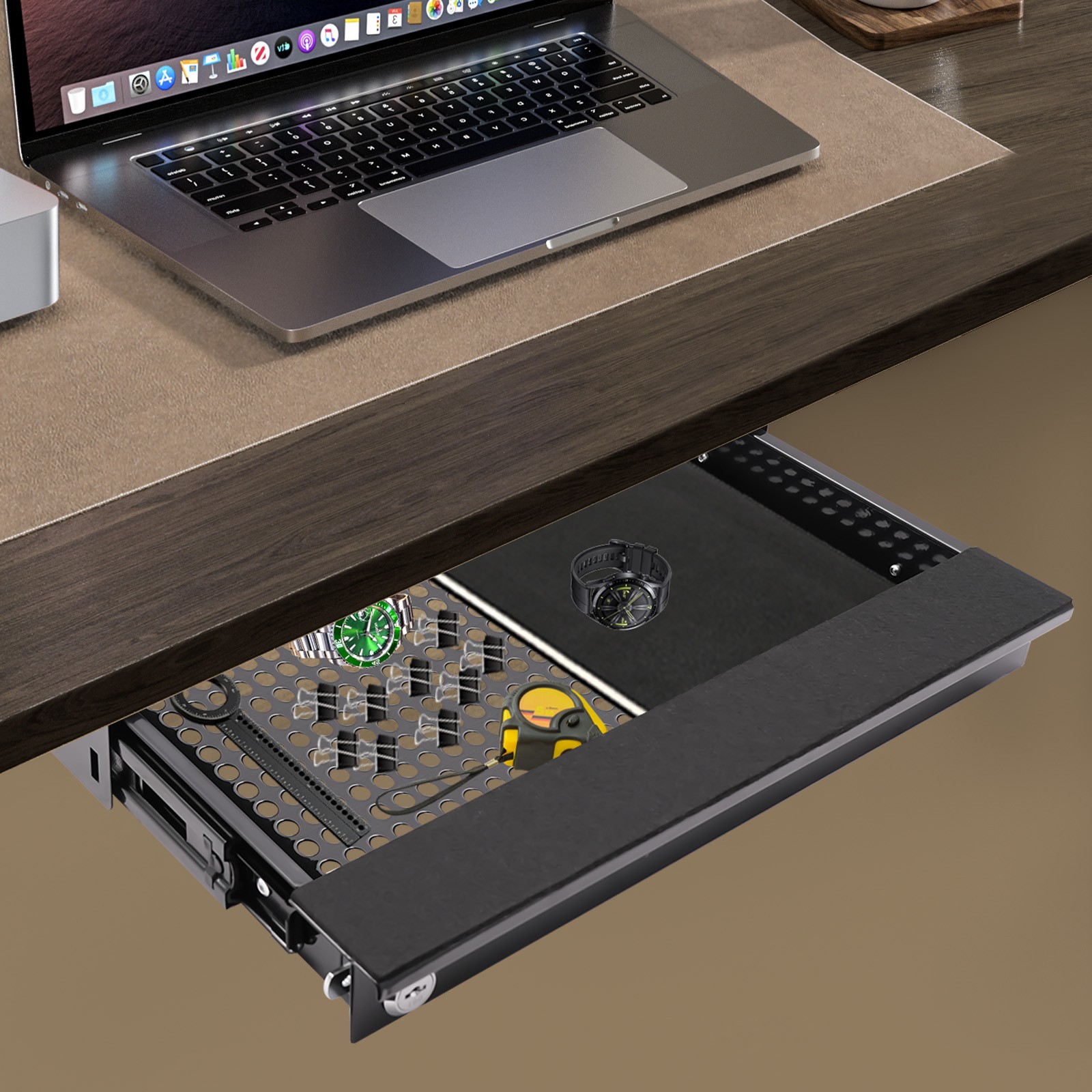 Black Iron Under Desk Mounted Sliding Pull-out Drawer w/Keys for Standing Desks