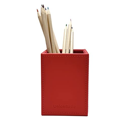 Square Pen Holder, Leather Pencil Cup, Desktop Caddy Stationery Organizer Red