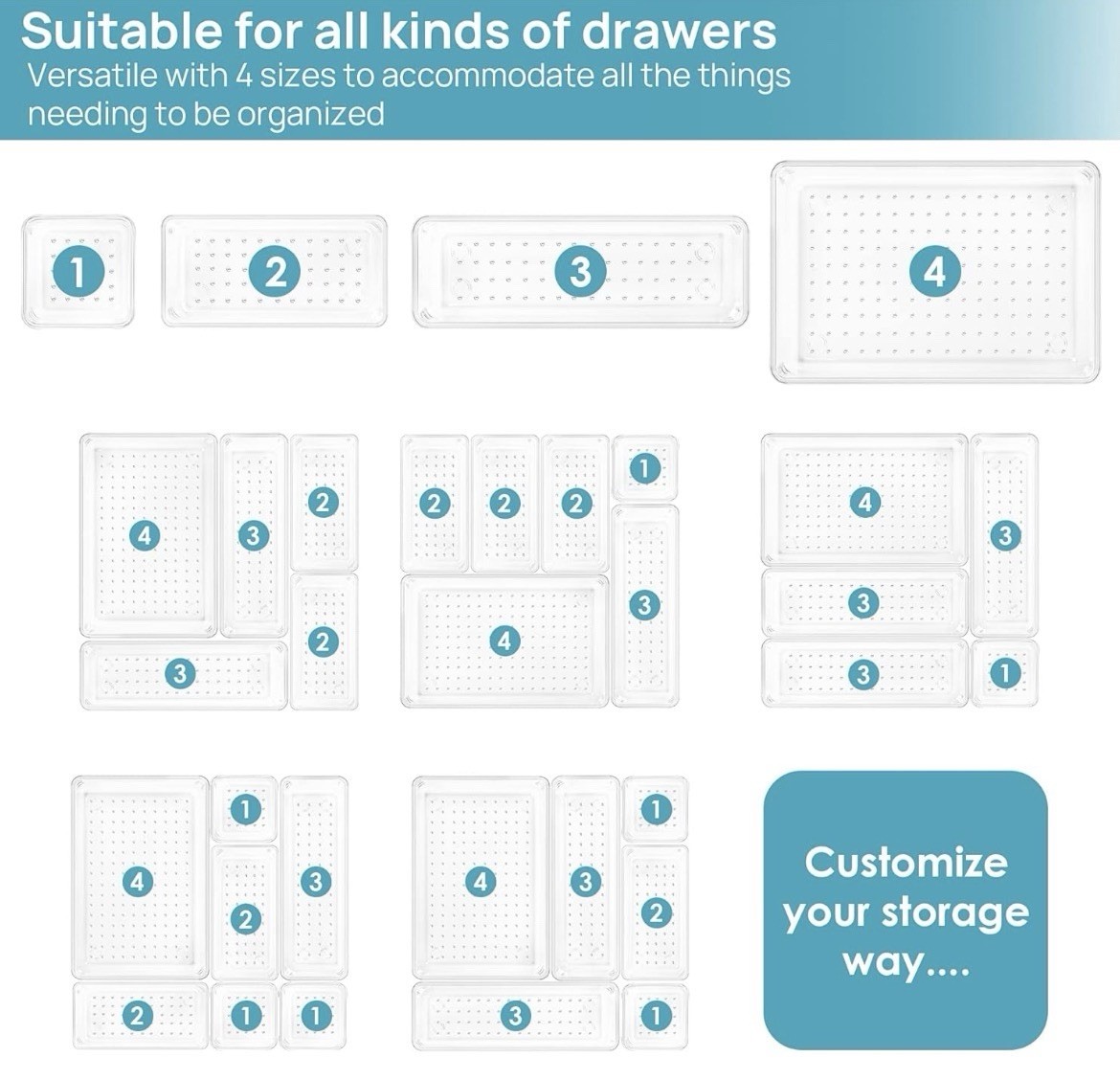 25 Pack Clear Plastic Drawer Organizer Trays Set 4 Sizes Non-Slip 100 Feet