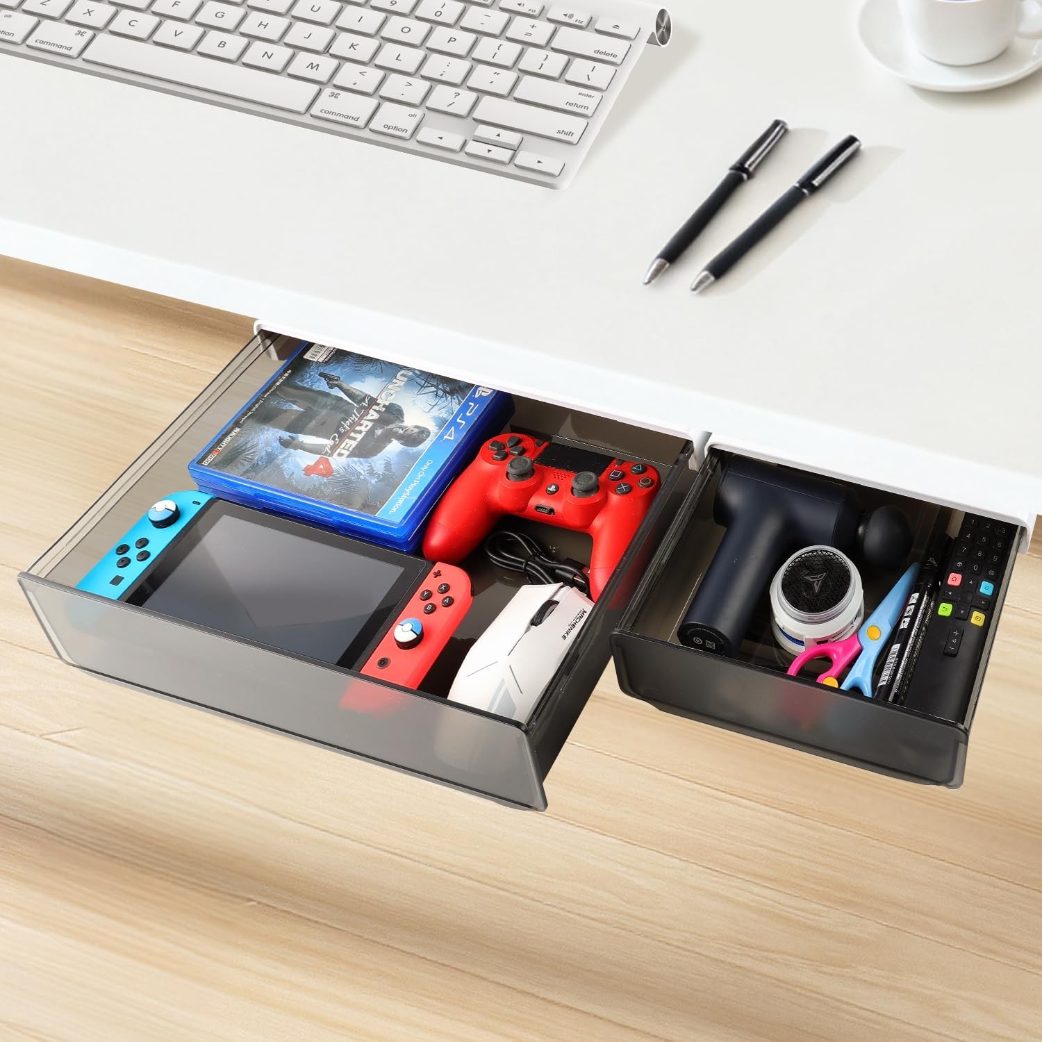 Under Desk Drawer Organizer 2 Pack – Self-Adhesive Slide Out Storage Tray for Of