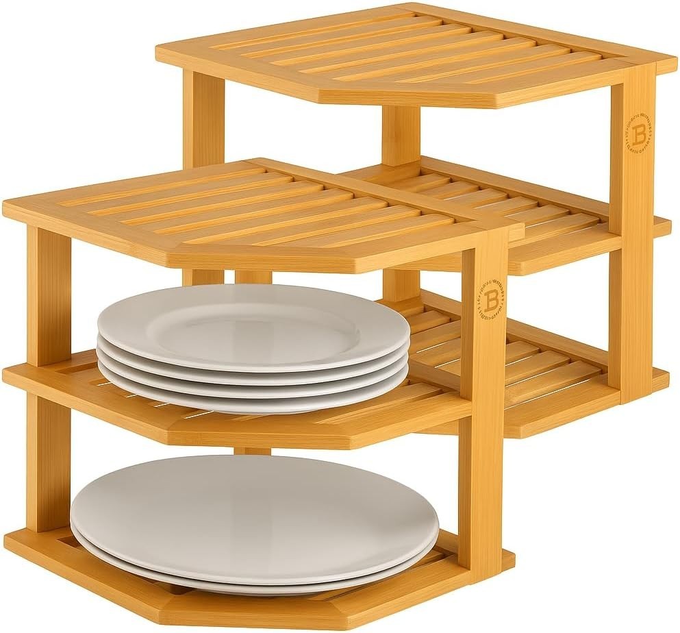 Kitchen Plate Storage Rack – Space Saving Corner Shelf