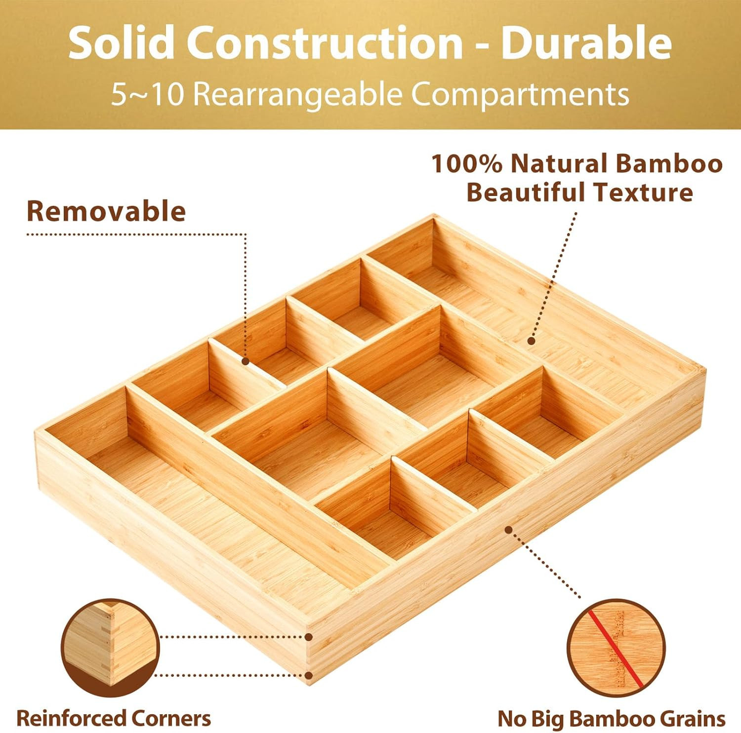 Extra Large Bamboo Desk Drawer Organizer, Wood Junk Organizer Tray with Adjustab