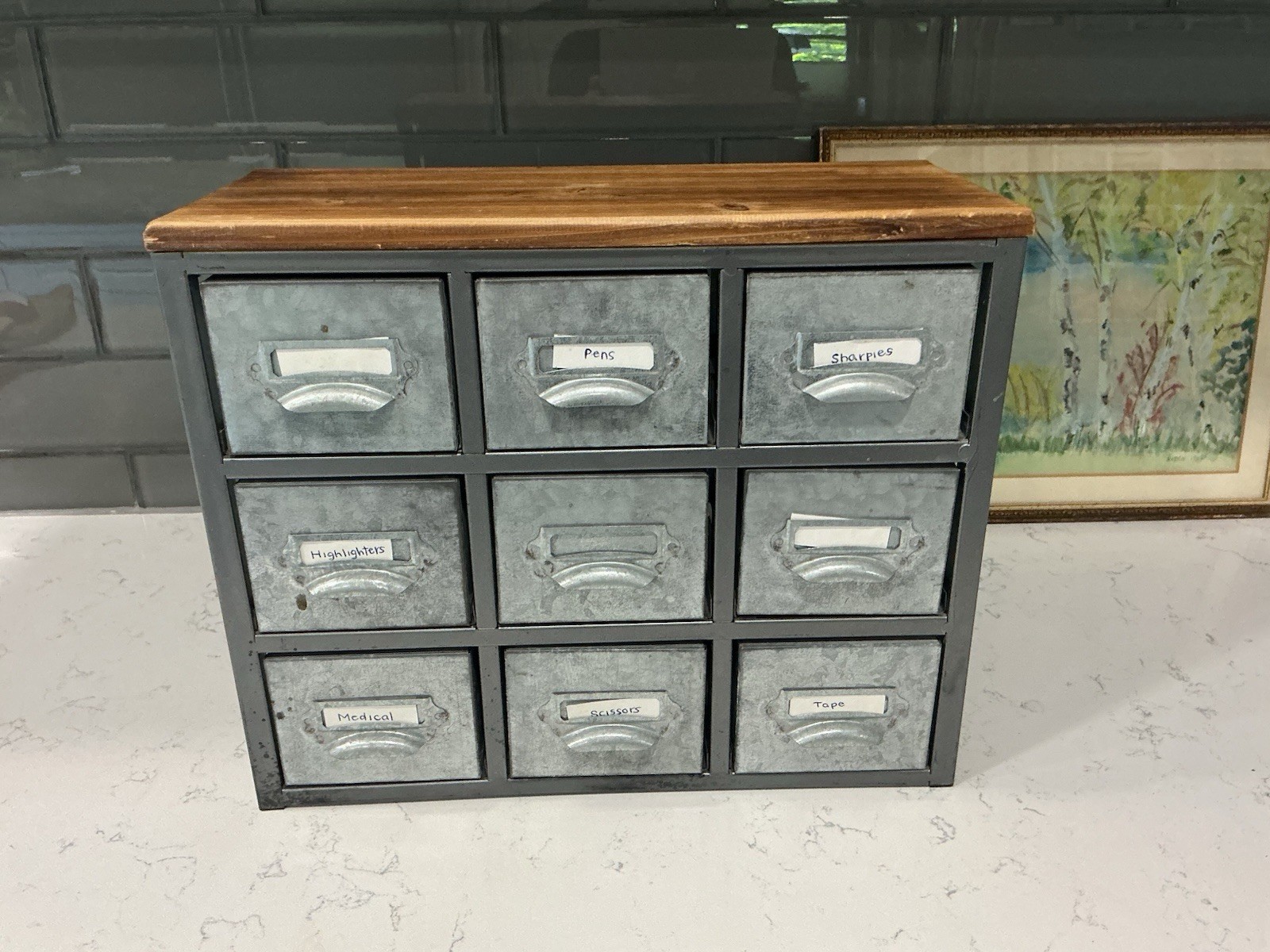 Cheung’s Desktop Galvanized 9 Drawer Vertical Organizer w/ Label Scoop Wood Top