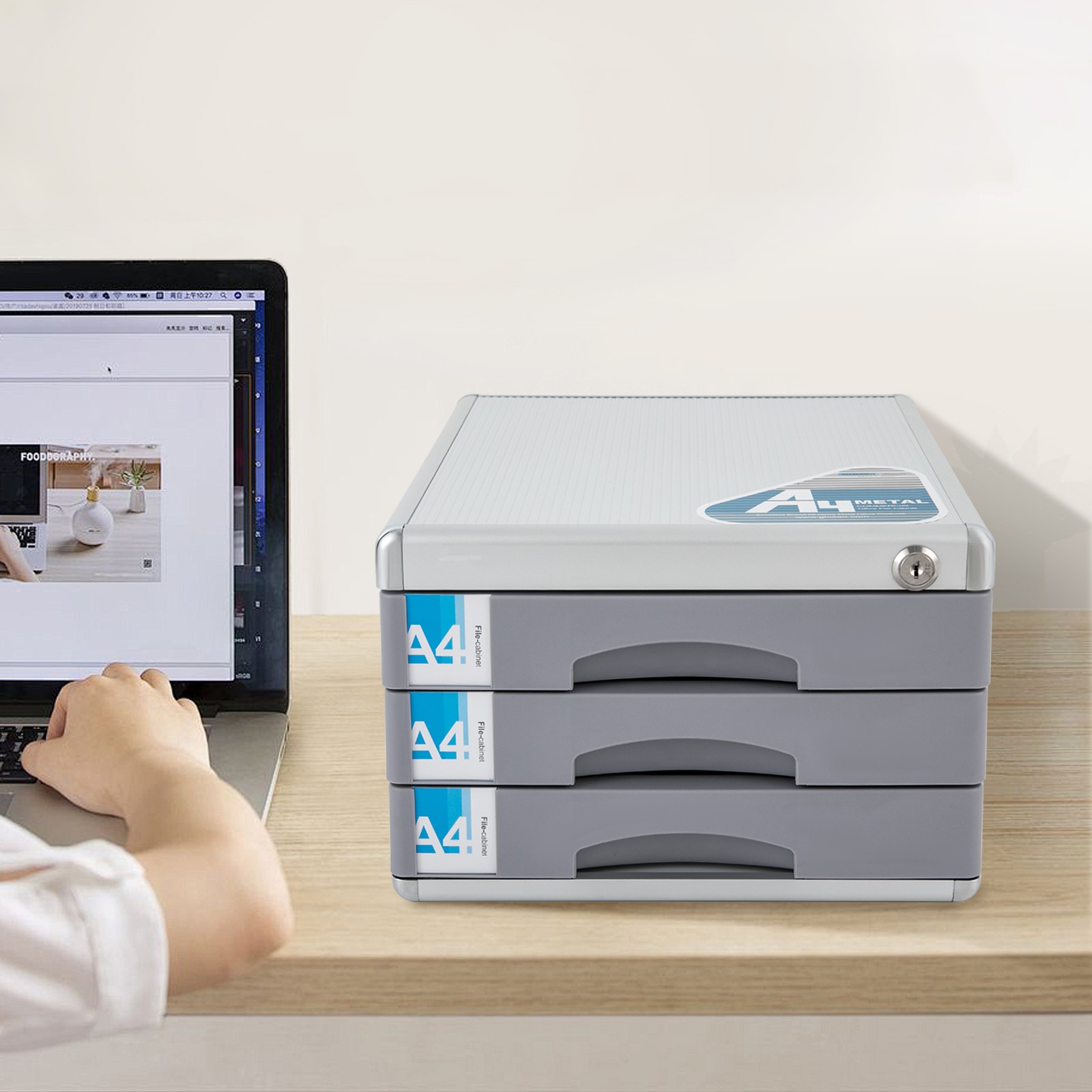 File Box Storage Filing Desk Organizer Locking File Cabinet 3 Drawers for Office