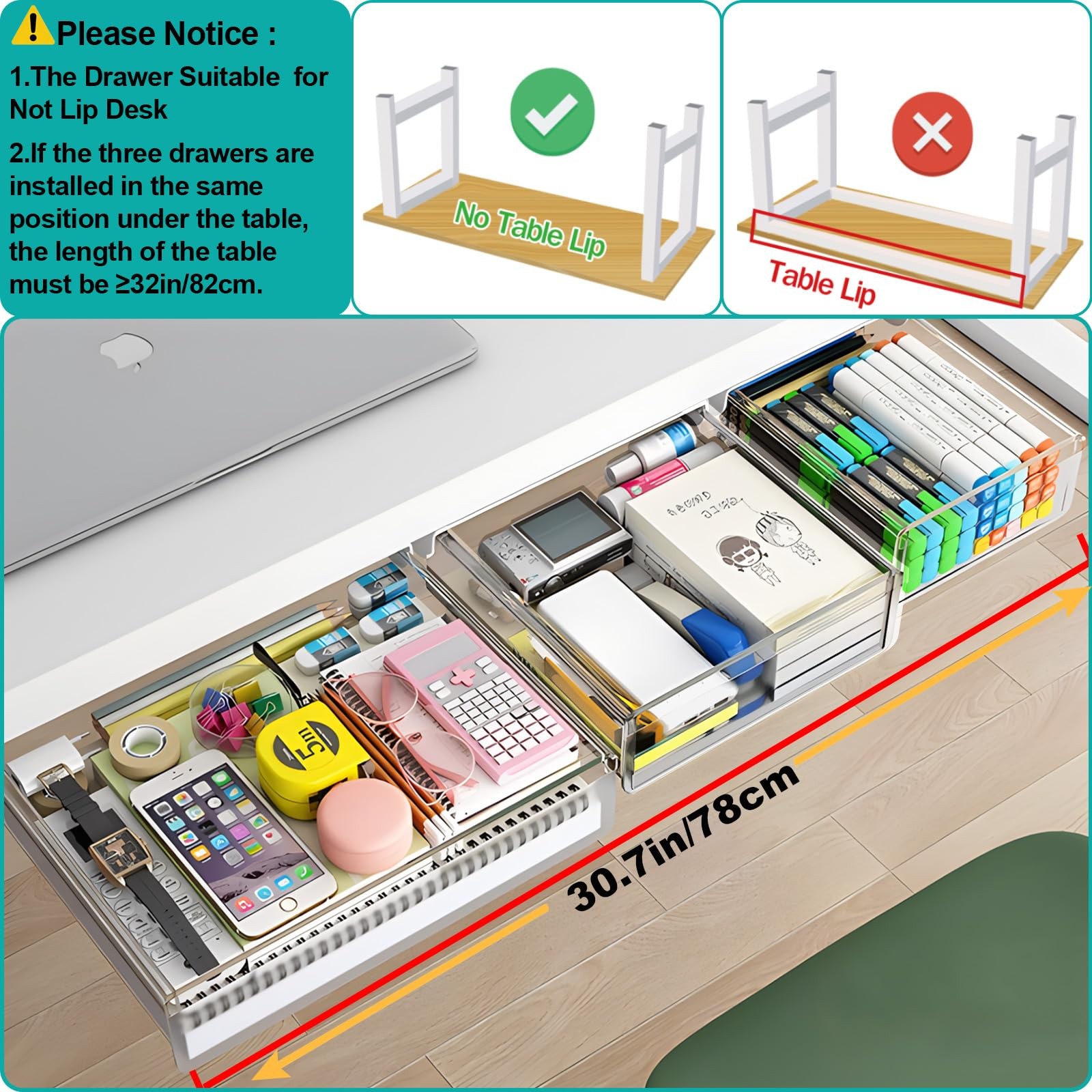 Under Desk Table Drawer Storage Organizer,3 Pack Small & Medium & Large Slide…