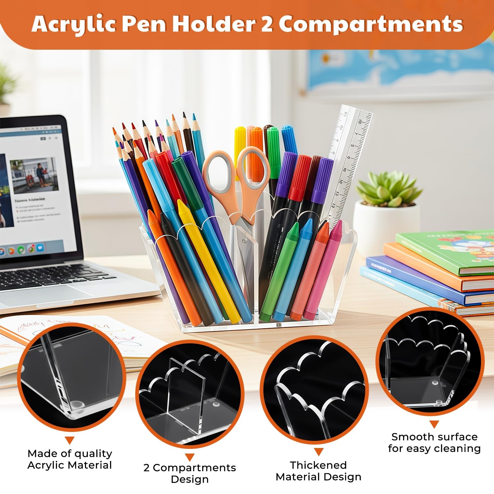 Novacrylion Clear Acrylic Pen Holder 2-Compartment Scalloped Desk Caddy
