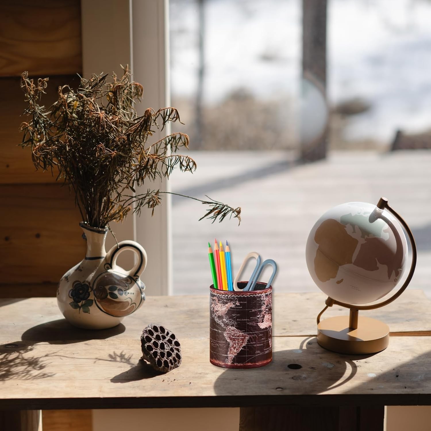 Black World Map Pencil Holder for Desk, PU leather Pencil Cup, Globe Pen Holder