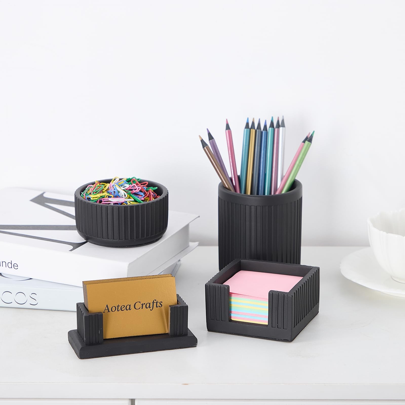 Set of 4 – Concrete Desk Accessories For Modern, Industrial, Minimalist Offic…