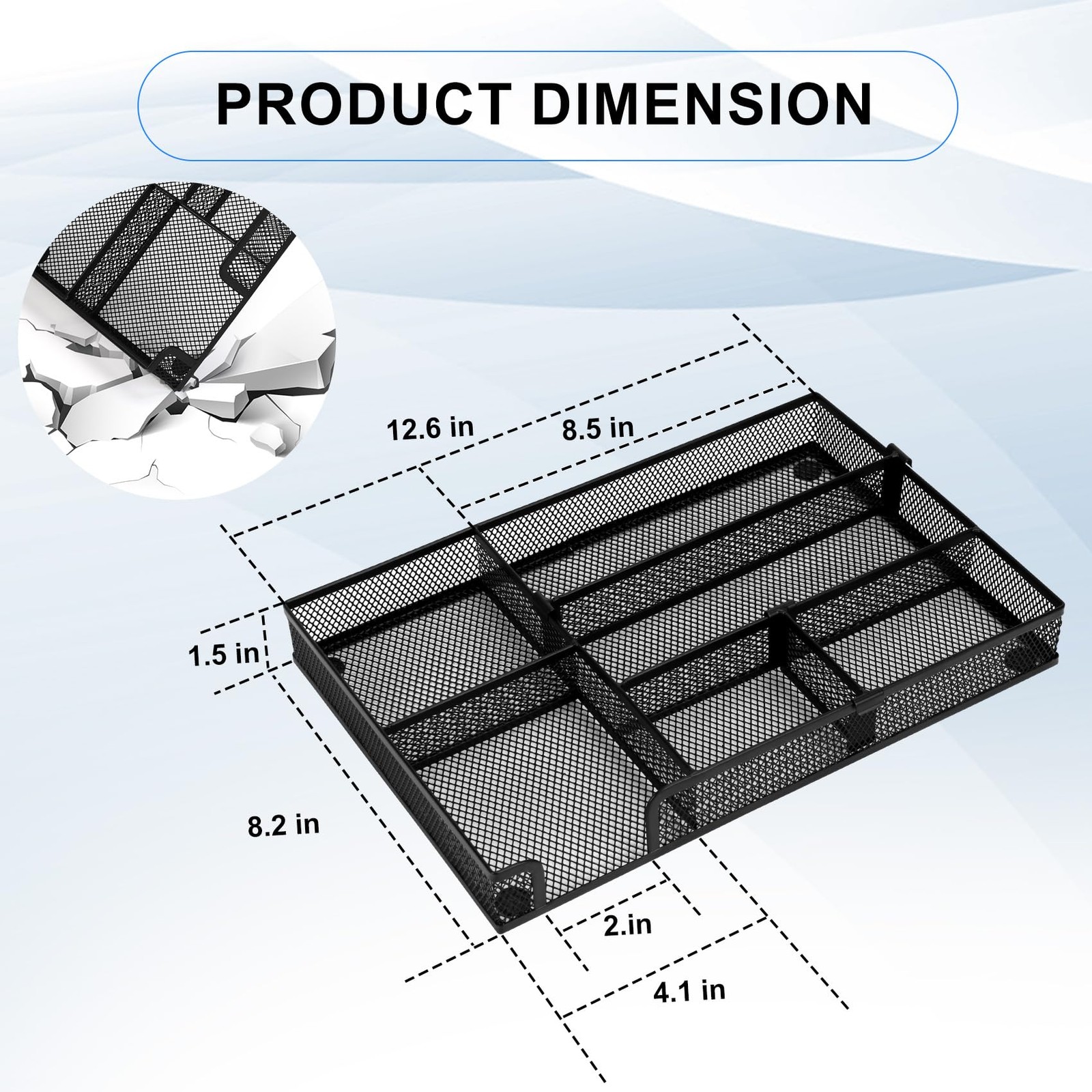 Desk Drawer Organizer Tray with 2 Adjustable Compartments, Metal Mesh Black