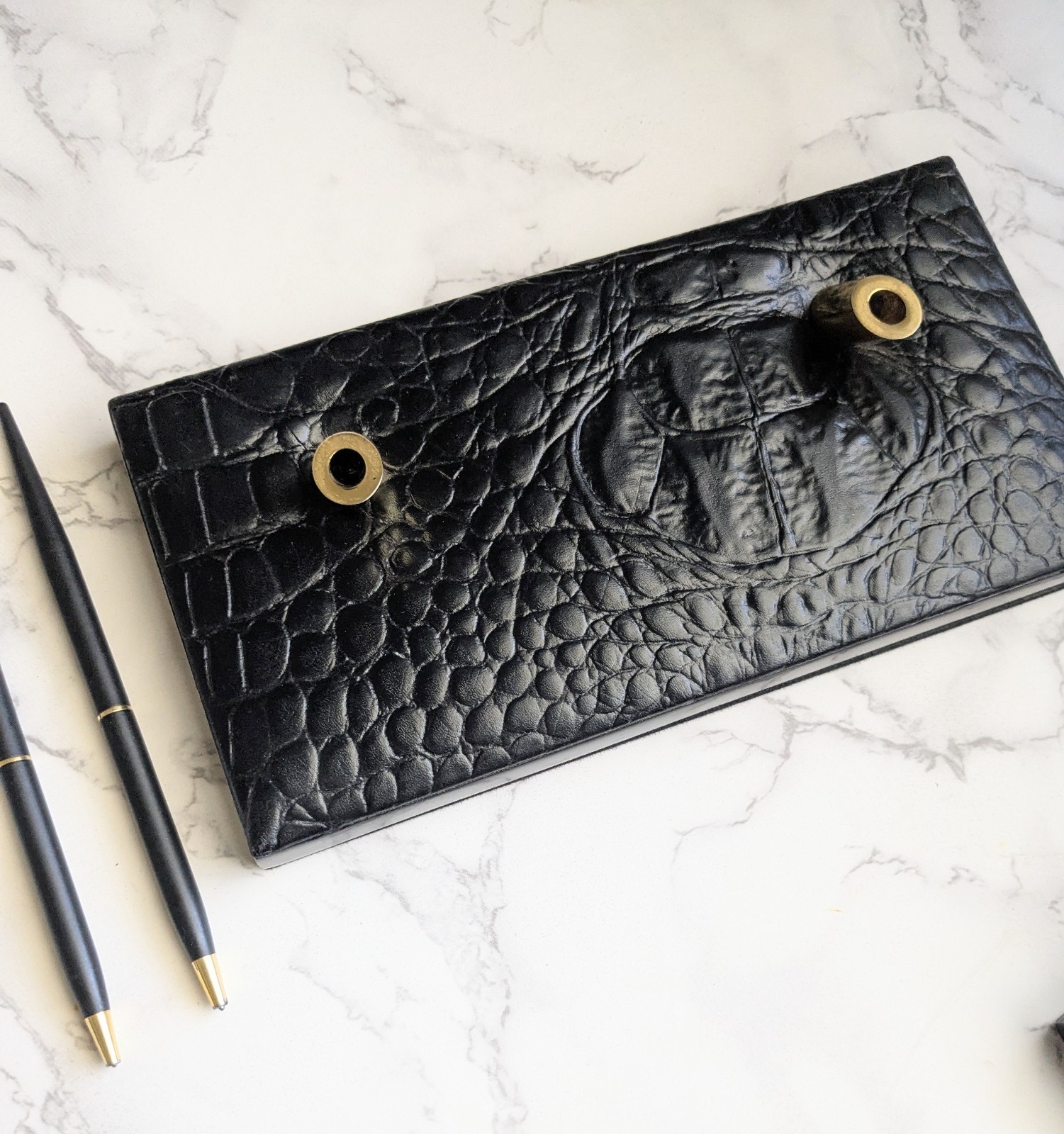 Majorca Black Croc Embossed Leather Desk Set Gold Letter Holder Pen Pencil…