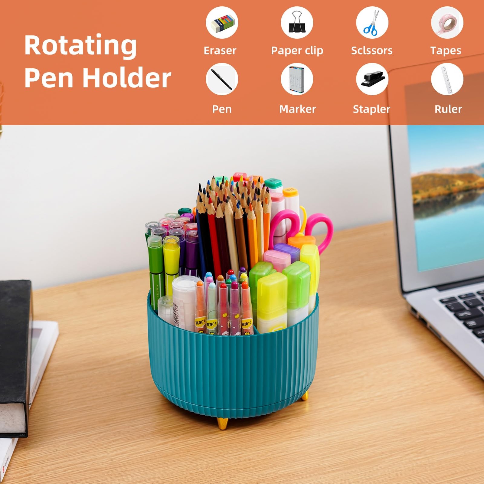 Marbrasse Desk Organizer, 360-Degree Rotating Pen Holder, Green