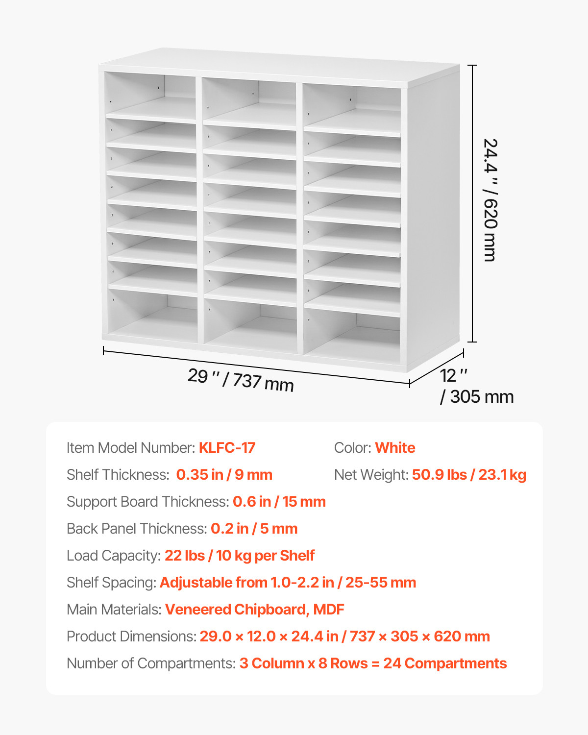 Wooden Literature Organizer 24 Compartments with Adjustable Shelves White