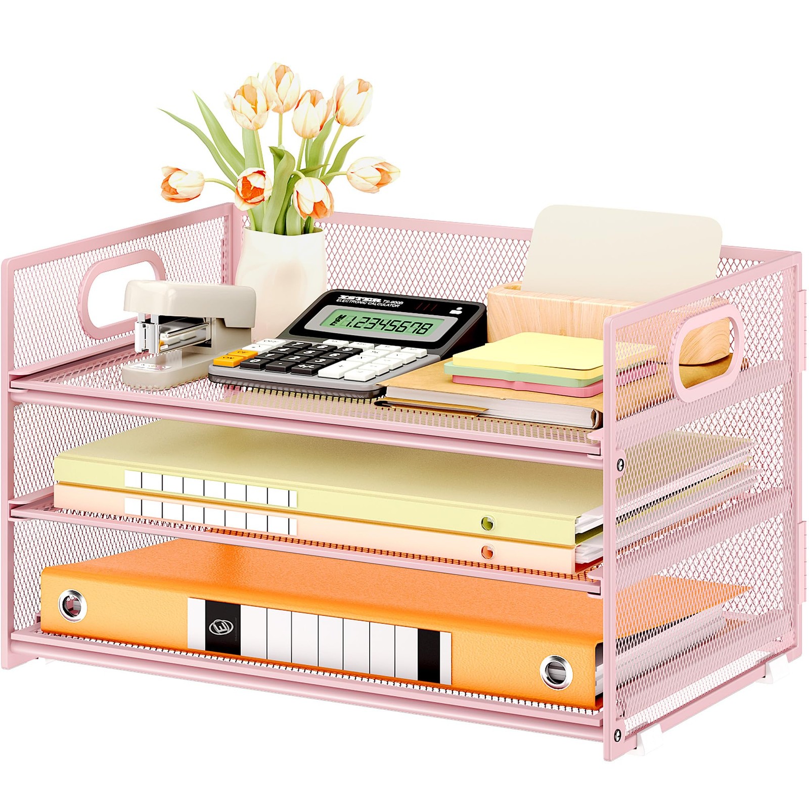 1 Set 3 Tier Paper Letter Tray Organizer Desk Mesh Sorter Pink