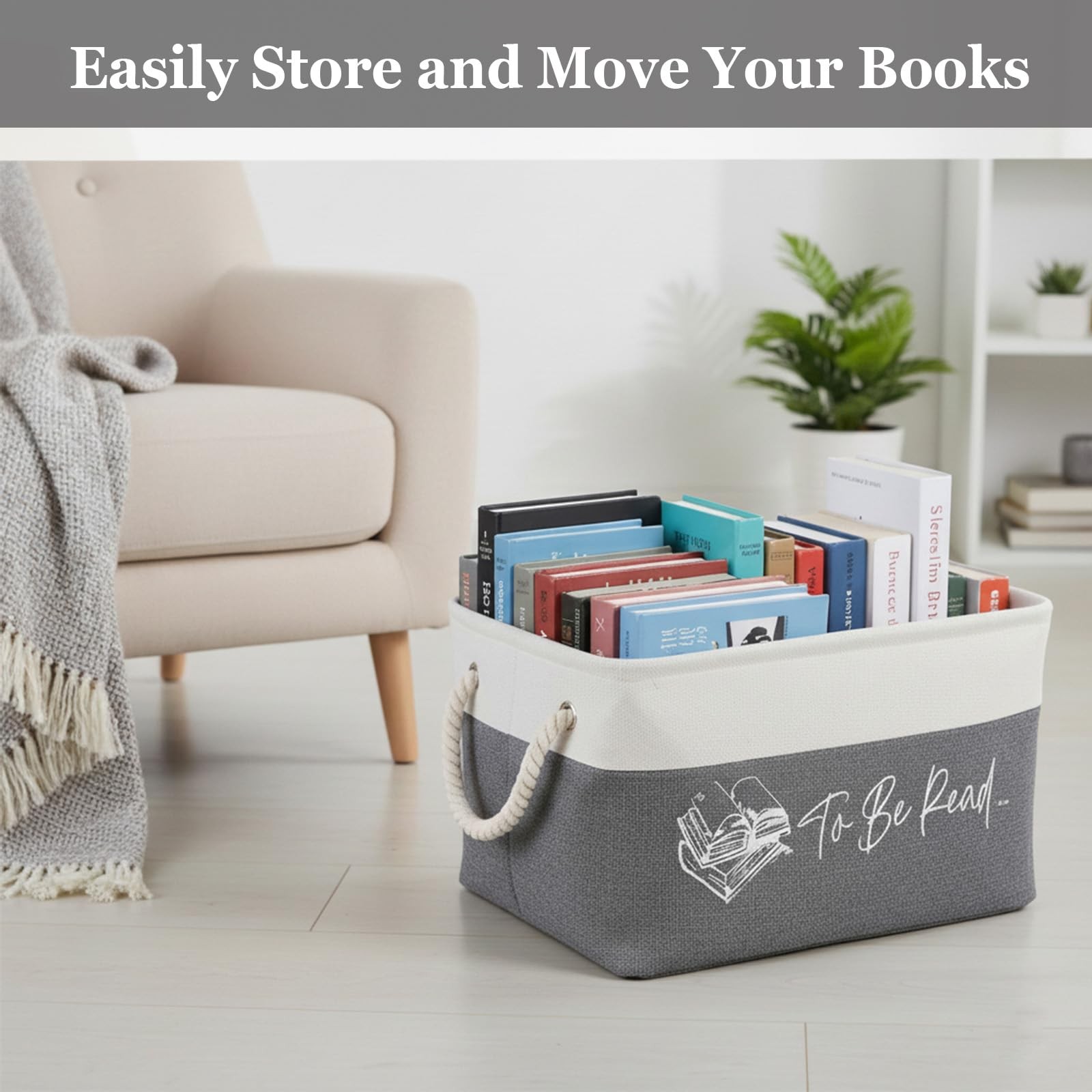 Book Storage Basket, TBR Fabric Bin with Rope Handles, To Be Read Book Organi…