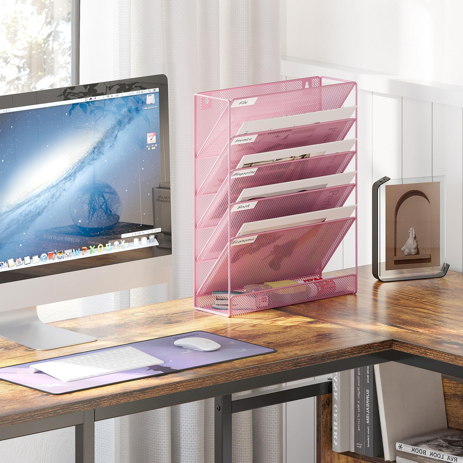 EasyPAG 5 Tier Wall File Holder, Mesh Hanging Folder Organizer with Pink