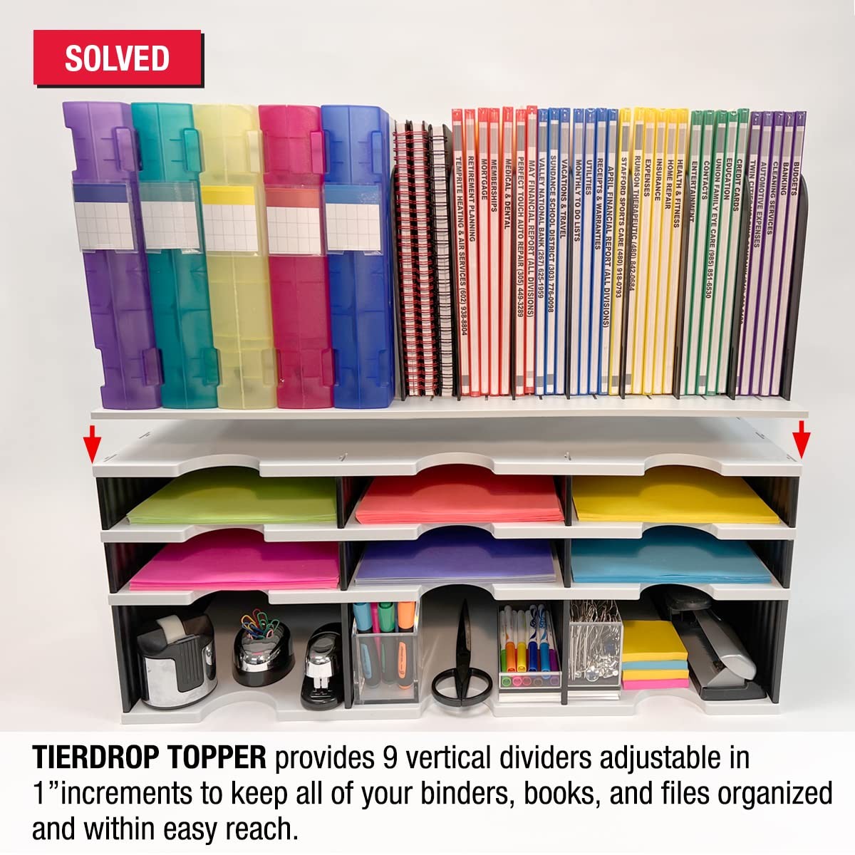 TierDrop Desktop Organizer – 8 Slot Vertical File Organizer with Adjustable D…