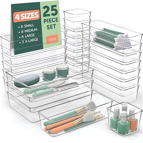 25 Pack Clear Plastic Drawer Organizers Storage Bins for Kitchen Bathroom