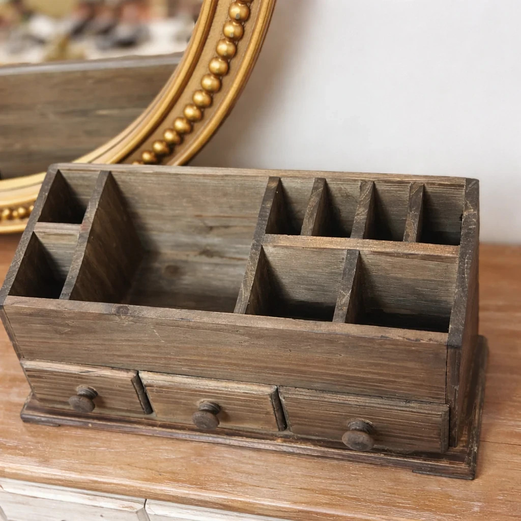 Primitive Tabletop Desk Organizer Wood Cubby Drawers Farmhouse Country