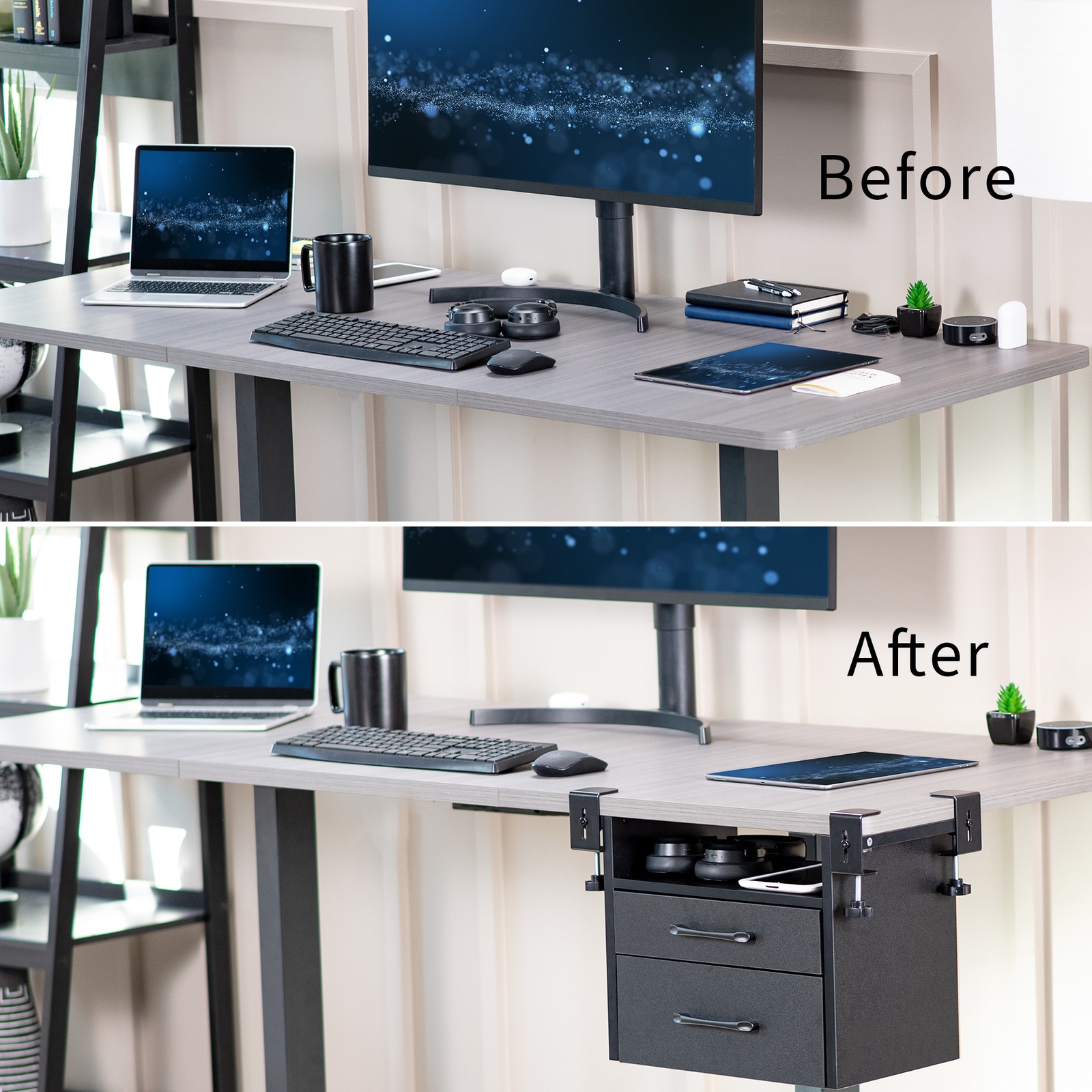VIVO Black Corner Clamp-on Desk Drawer & Shelf System