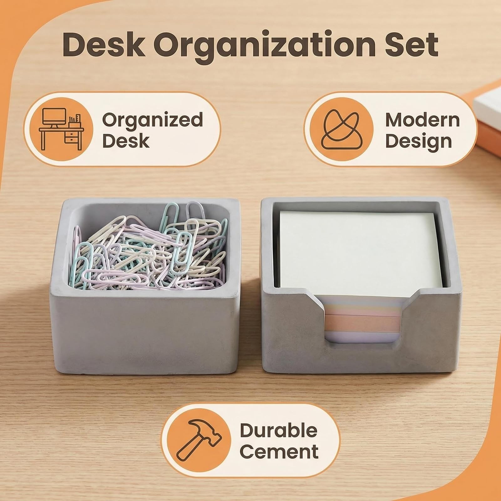 Concrete Desk Organizer Set of 2 – Minimalist Sticky Note Holder & Clip Dispe…