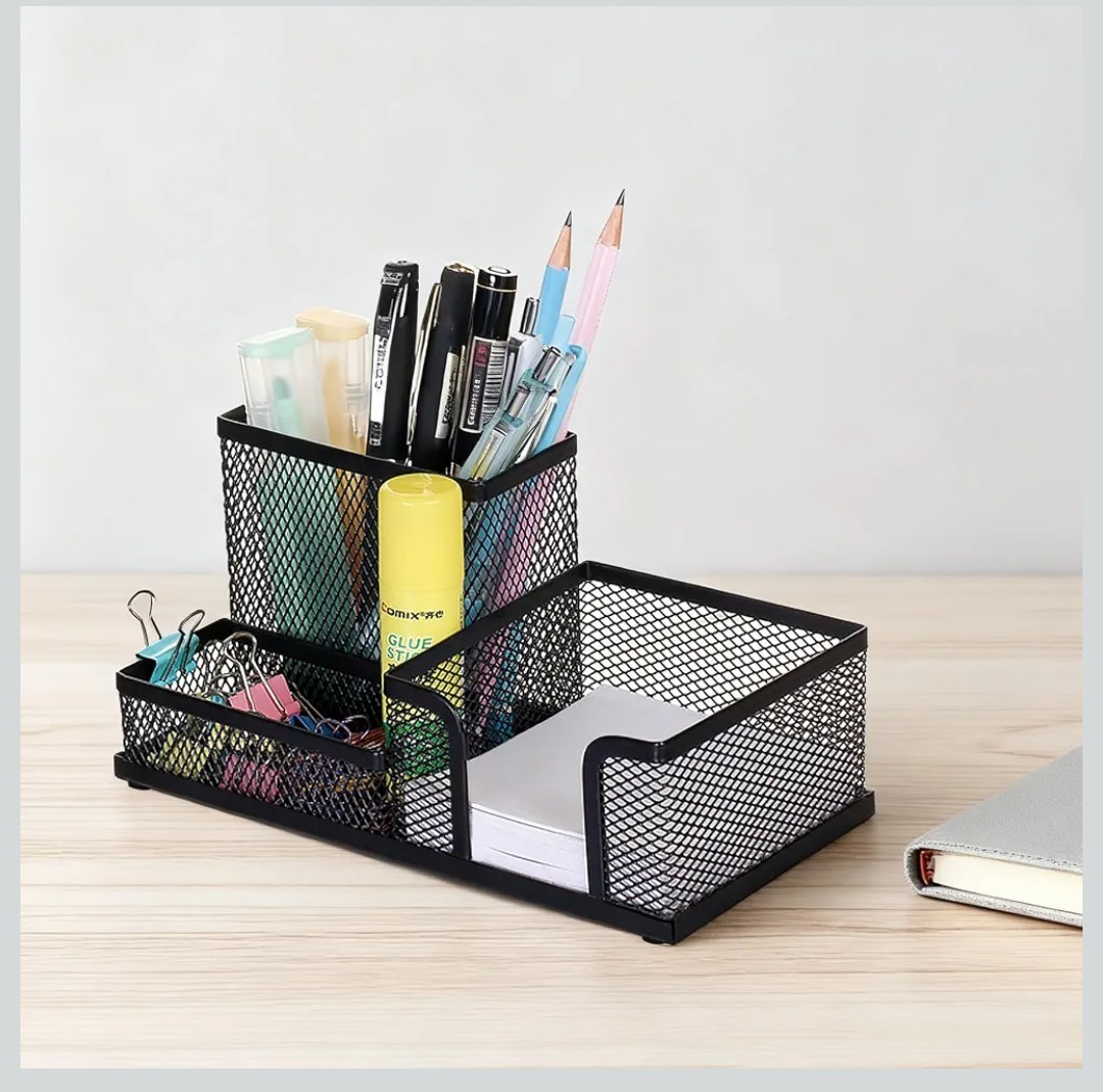 Black Mesh Metal Desktop Organizer, 3-Compartment Desk Pen/Pencil Holder