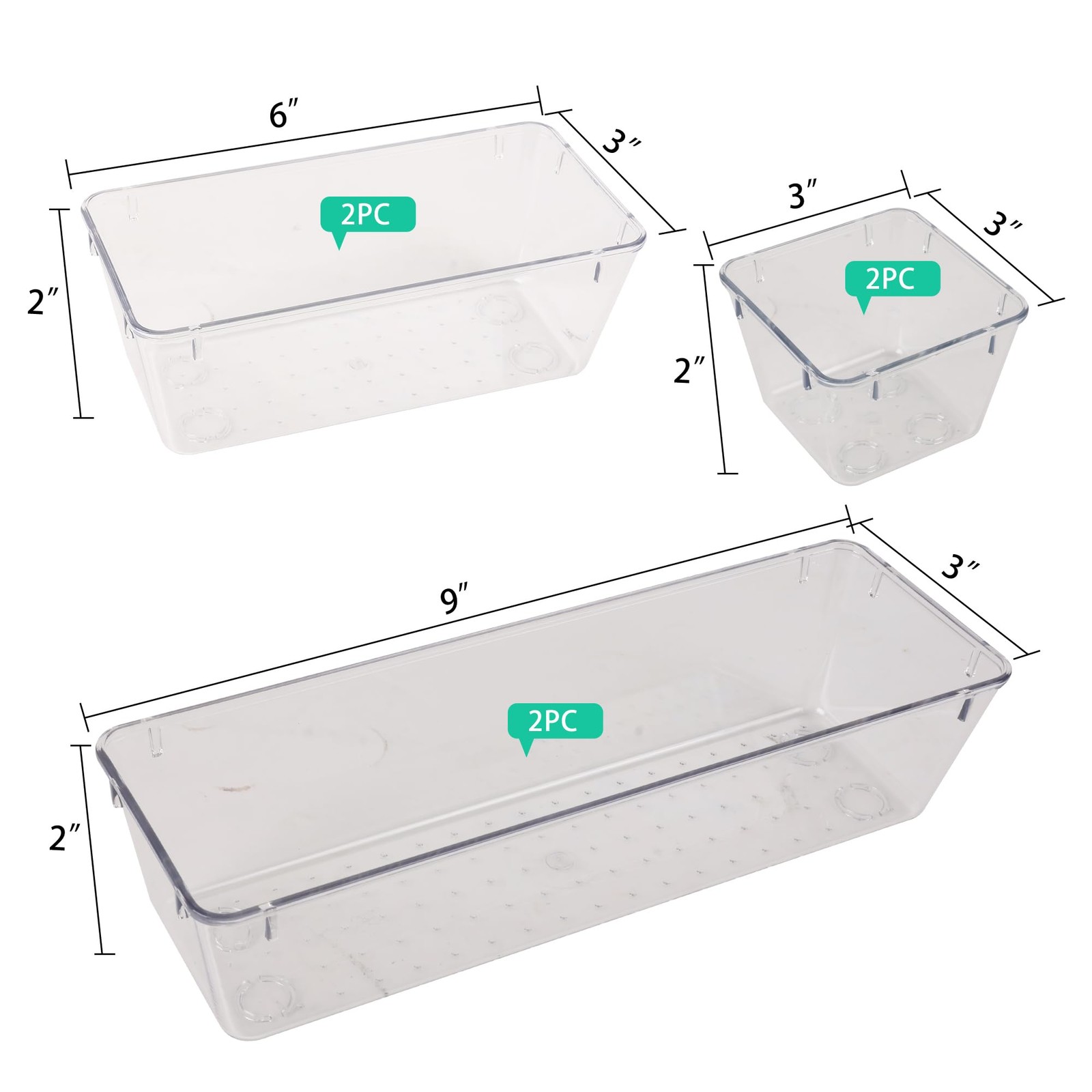 ATVAX 6 Pack Clear Drawer Organizer Set,Office Bin Desk 6PCS,