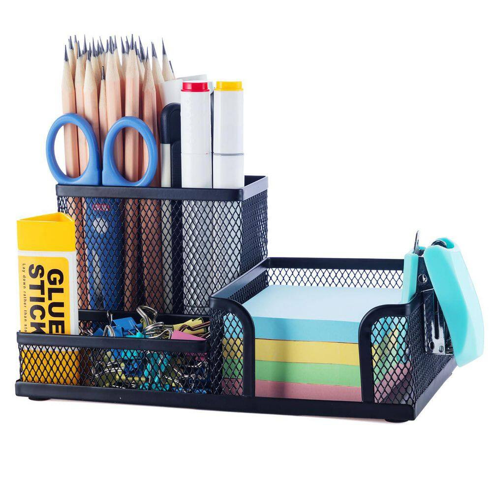 Black 8 In. X 11.22 In. Metal Mesh Pen Holder Desk Organizer with Sticky Notes H