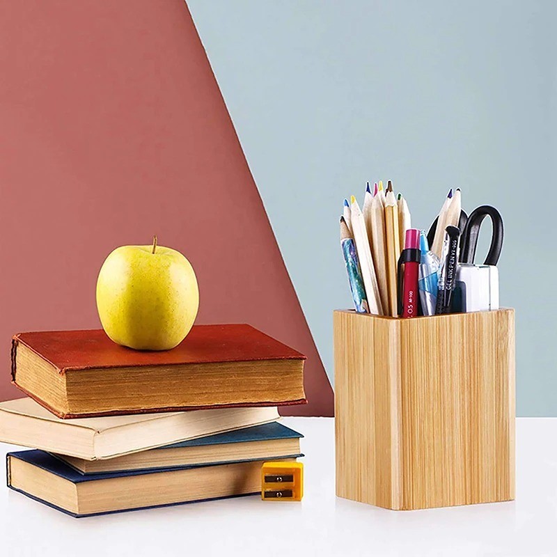 Bamboo Wood Pen Holder Desktop Stationery Storage Box Desk Organizer