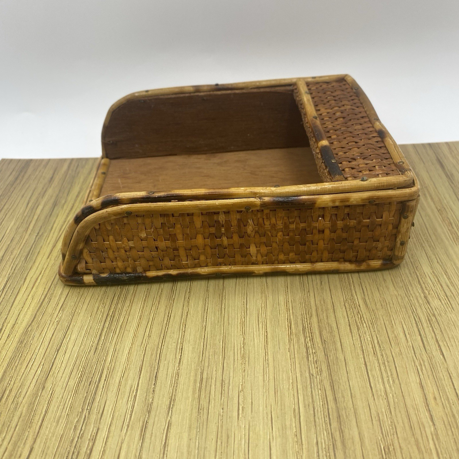 Bamboo Desk Organizer Notepad Tray Vintage Rattan MCM Boho 7 Inch Decor Gift