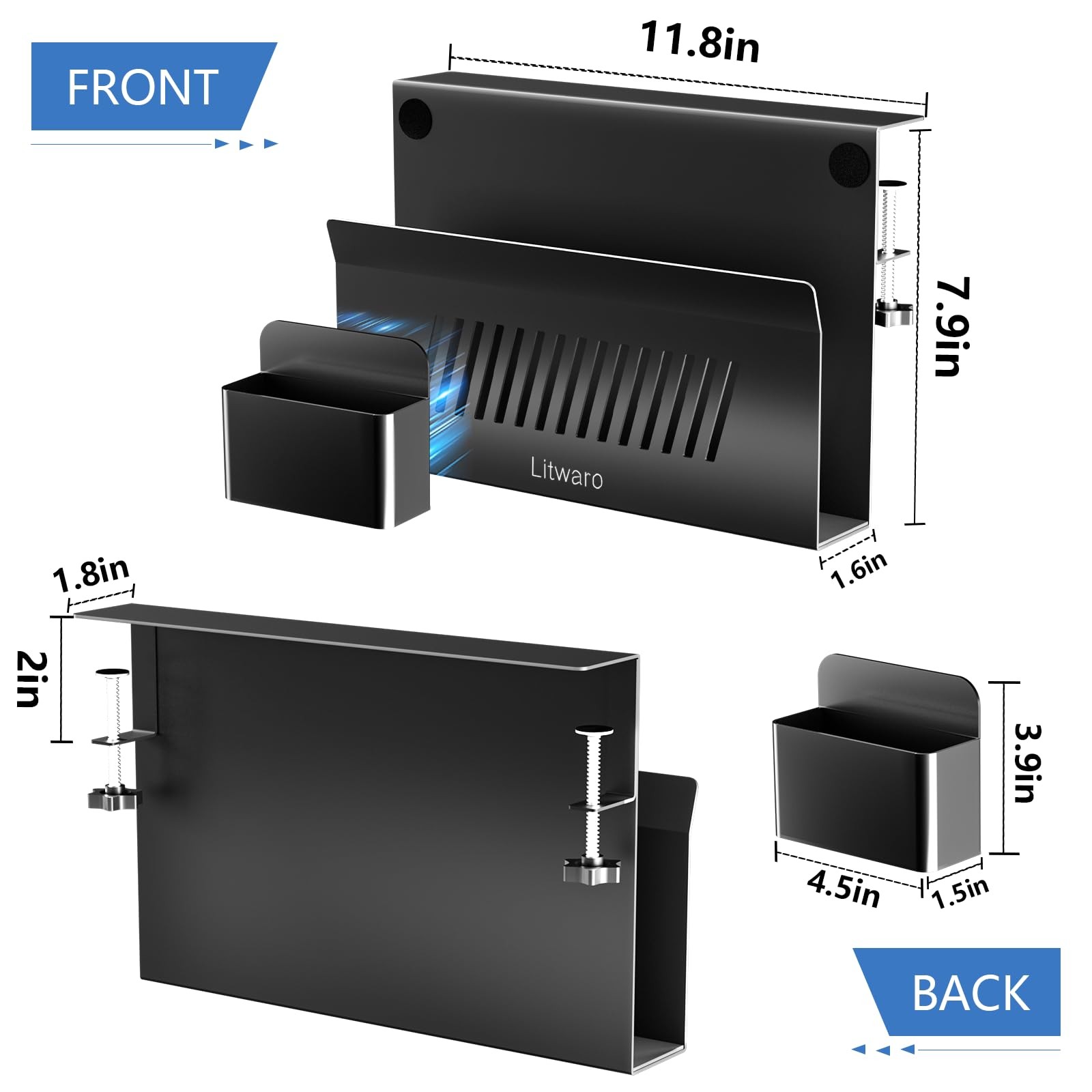 Litwaro Desk Side Storage, No Drill Laptop Holder with 11.8″-1Tier, Black