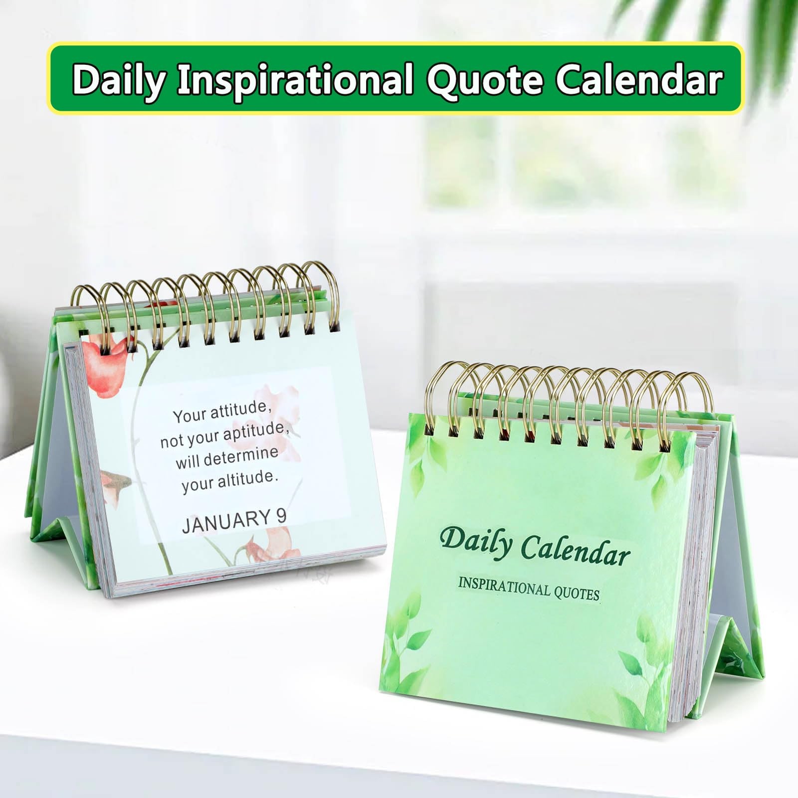 Daily Inspirational Quote Calendar Desktop 2026 5.12″W x 5.6″H, Light-green