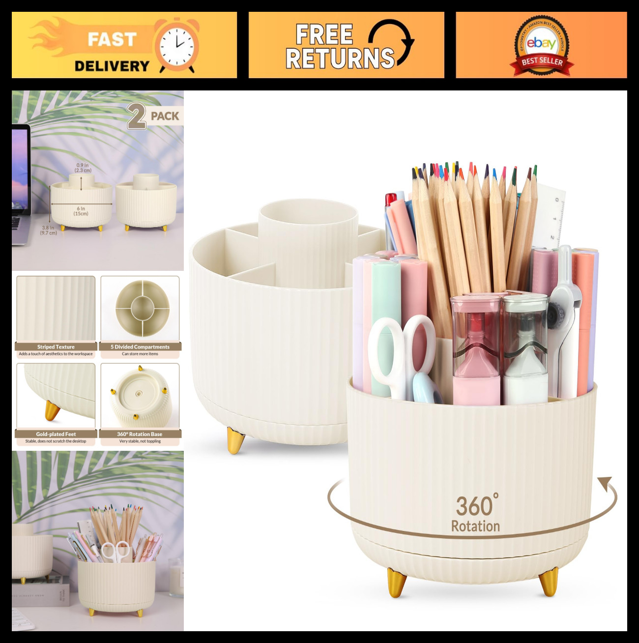 360° Rotating Pen Holder – 2 Pack Desk Organizer with 5 Slots for Office & Schoo
