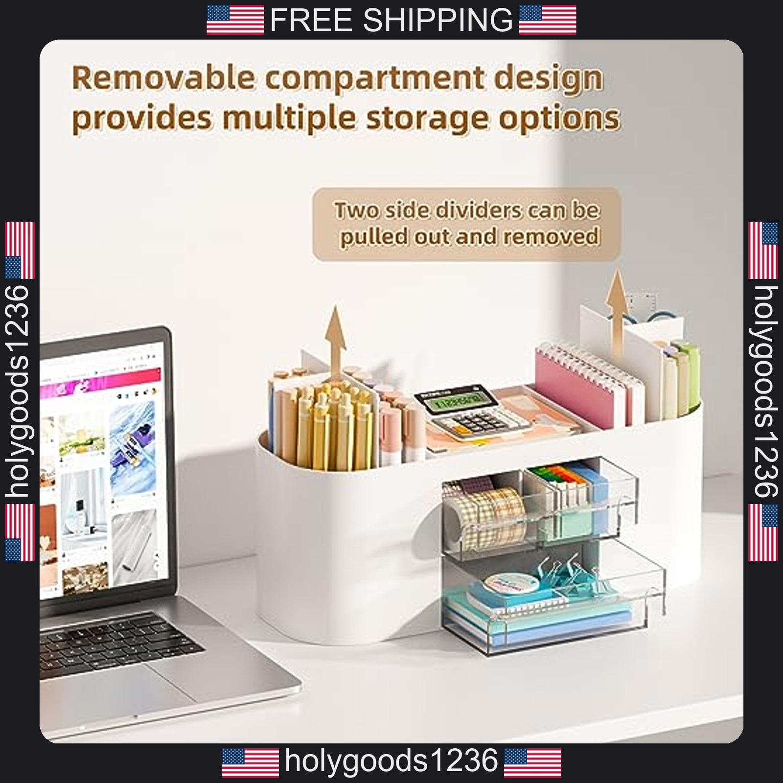 Marbrasse desk organizer pen holder with 3 drawers and 7 compartments white
