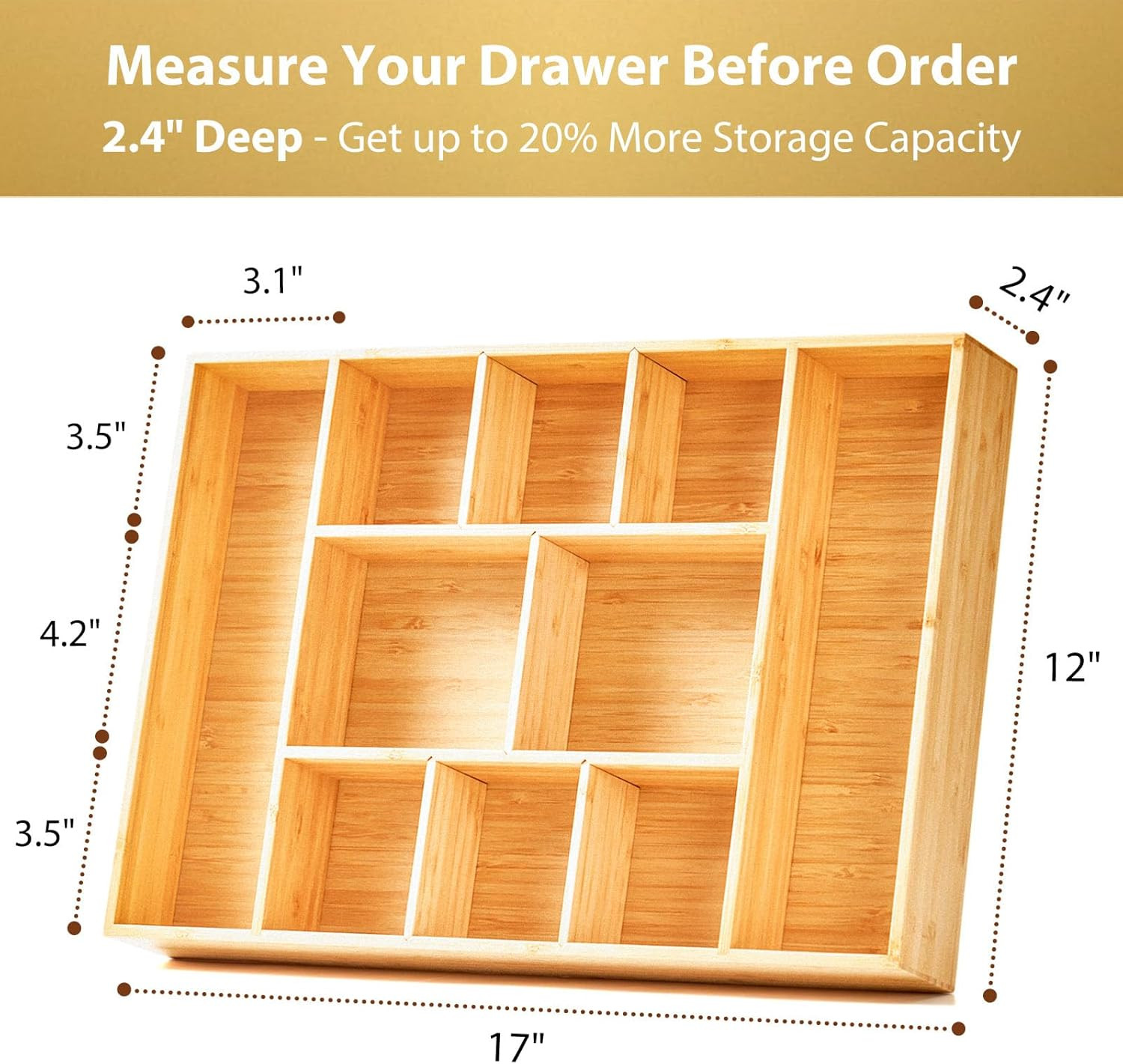 Extra Large Bamboo Desk Drawer Organizer, Wood Junk Organizer Tray with Adjustab