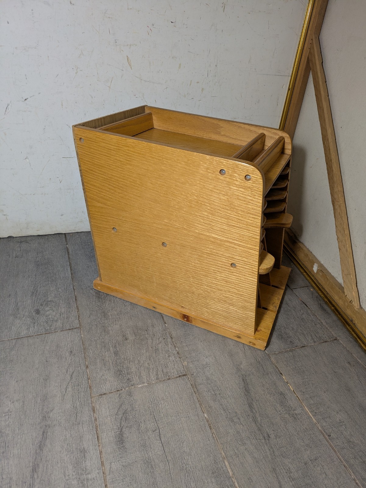 Vintage Rustic Oak Wood Desktop File Organizer Paper Mail Letter Sorter Tray M34