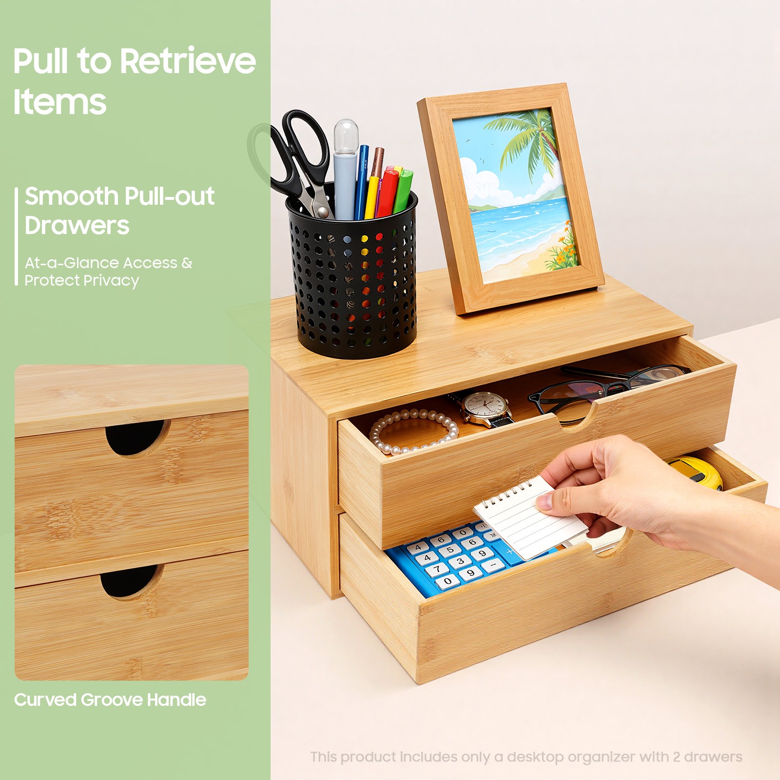 Bamboo Desk Organizer -Tabletop Mini Bamboo Desk Drawer Storage Box w/ 2 Drawers