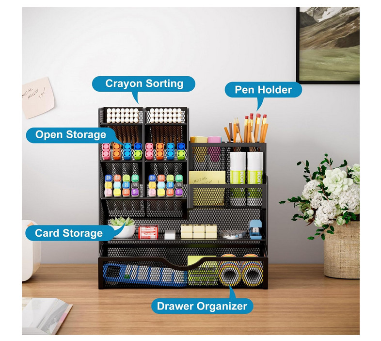 Marbrasse Mesh Pen Holder for Desk, Multi-Functional Pencil Organizer with Drawe