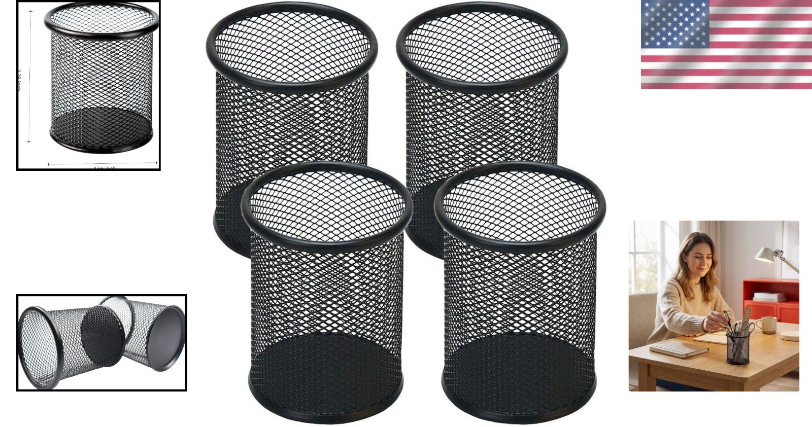 Durable 4-Pack Black Metal Pen Holders – Ideal Desk Organizers for Home & Office