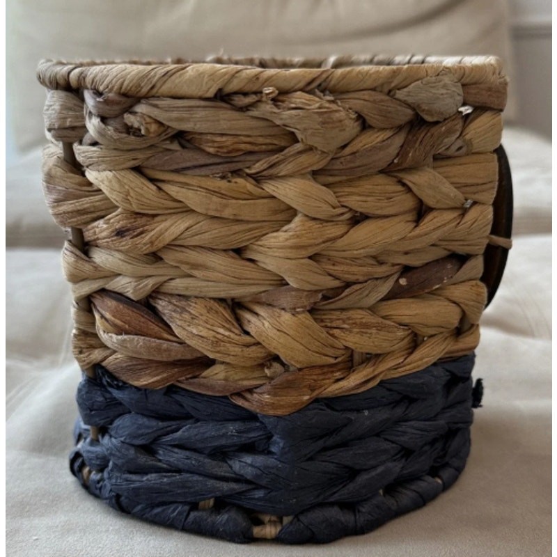 Thirty One Storage Basket 6” Tall Tan Blue Woven Wicker New Chalk Sign