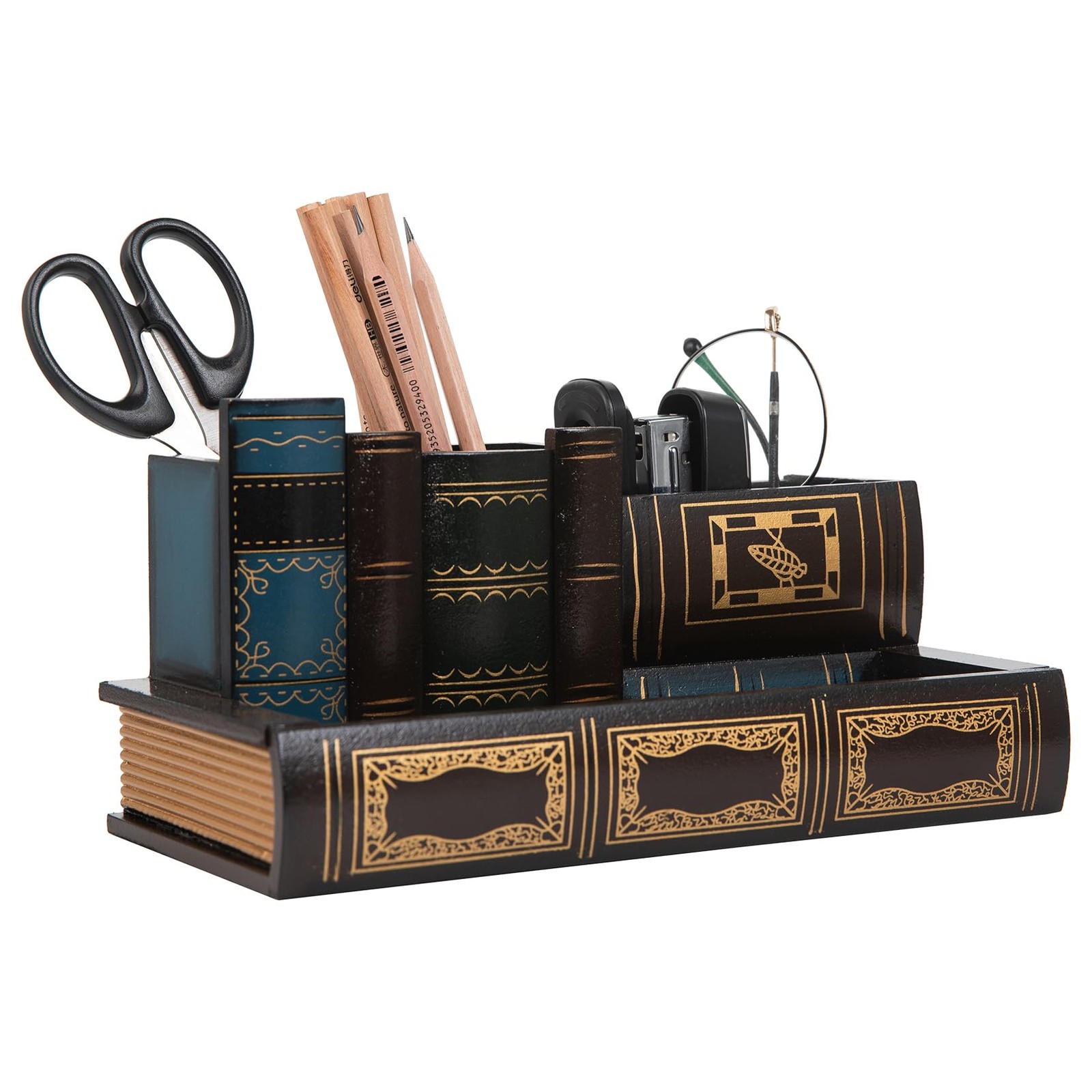 Decorative Pencil and Pen Holder with Storage Drawer, Wooden Desk Organizer C…