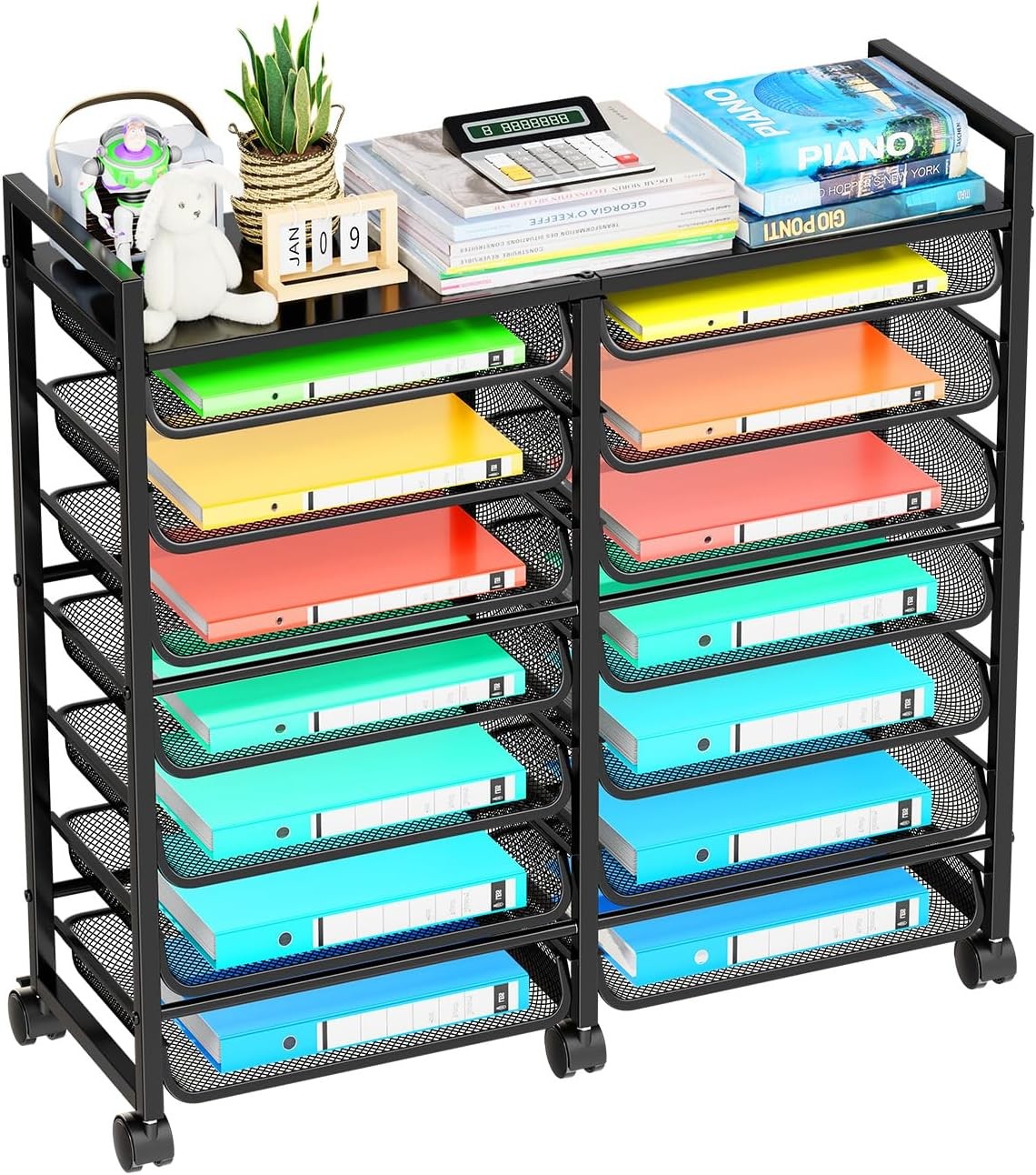15-Tier Rolling File Cart, Desk File Organizer with 14 Mesh Sliding Trays,