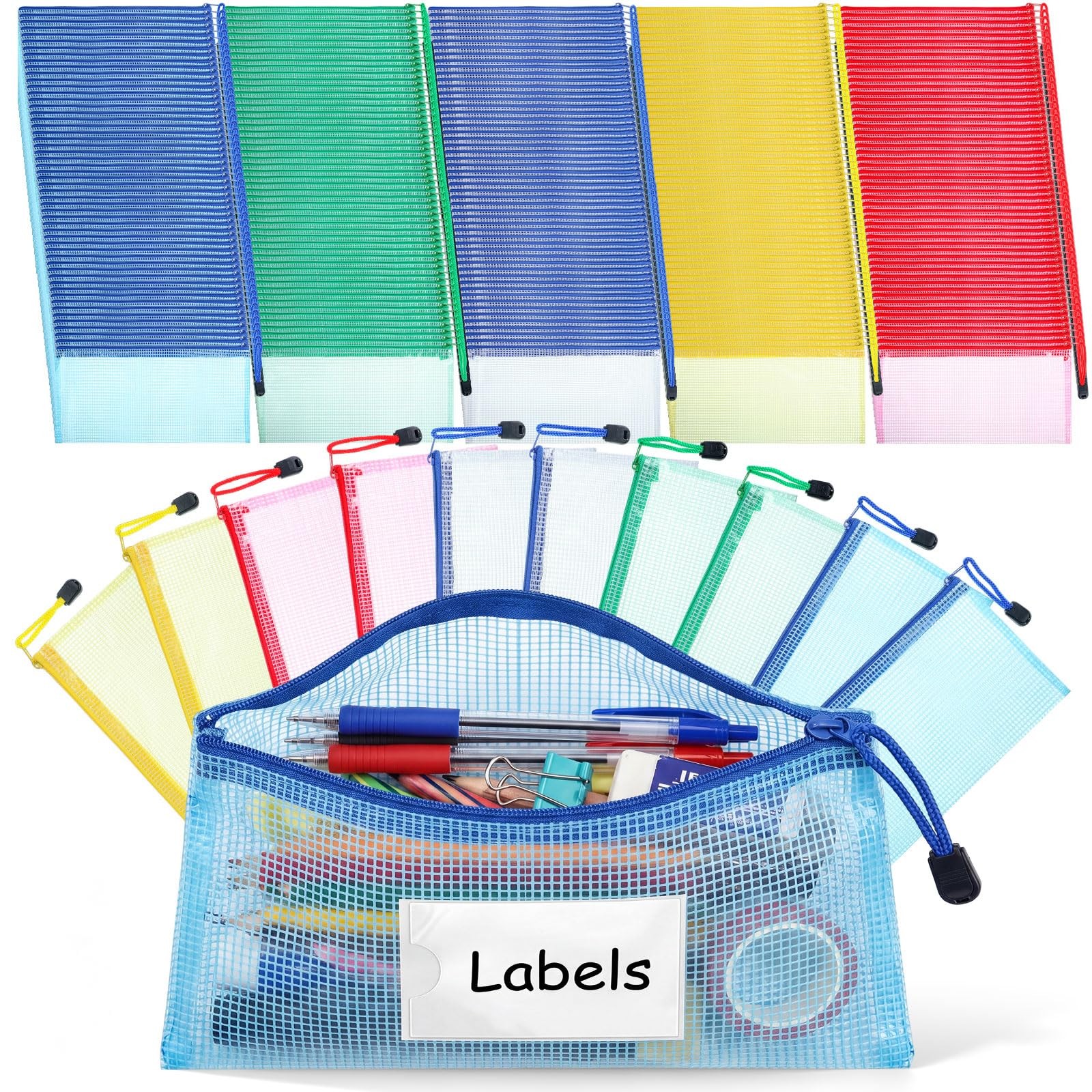 200 Pack A6 Mesh Zipper File Bags with Label Cards, 9.45×4.53 in Waterproof P…