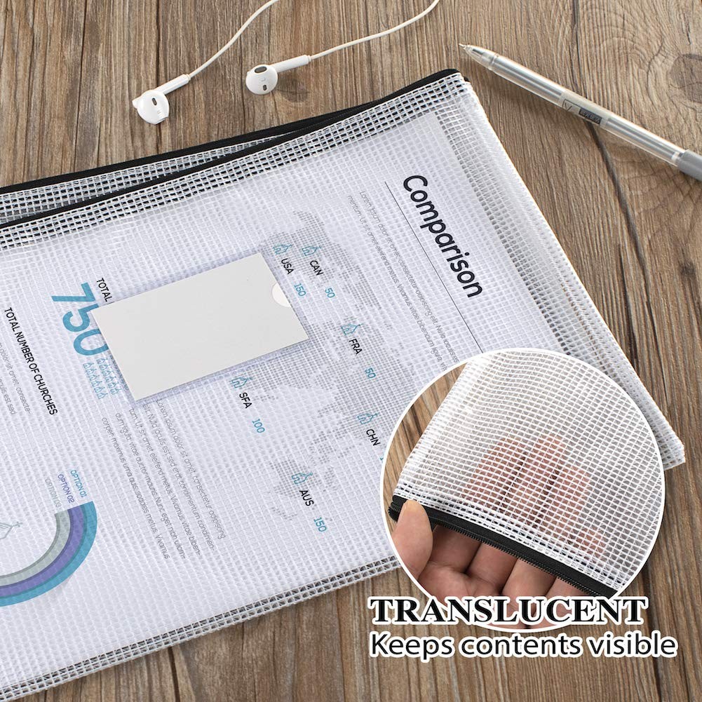 Mesh Zipper Pouch Bags A4 Waterproof Document Organizer Black 20 Pack
