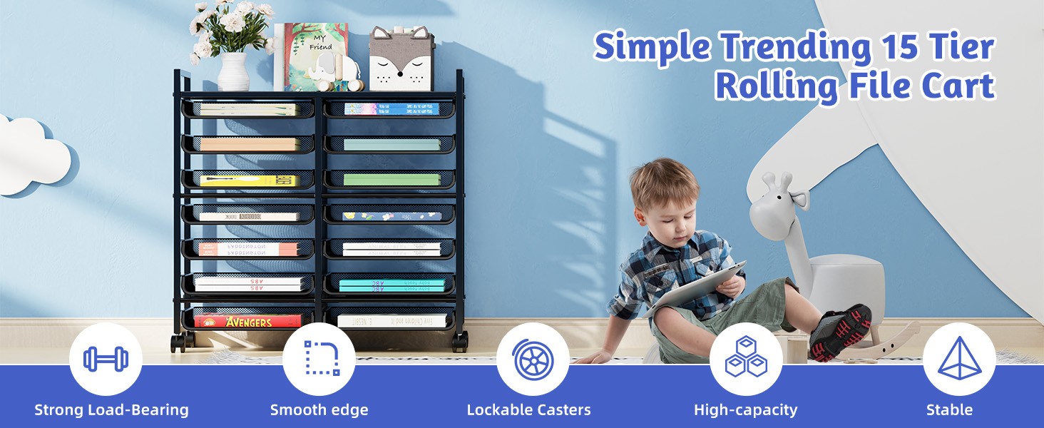 15-Tier Rolling File Cart, Desk File Organizer with 14 Mesh Sliding Trays,