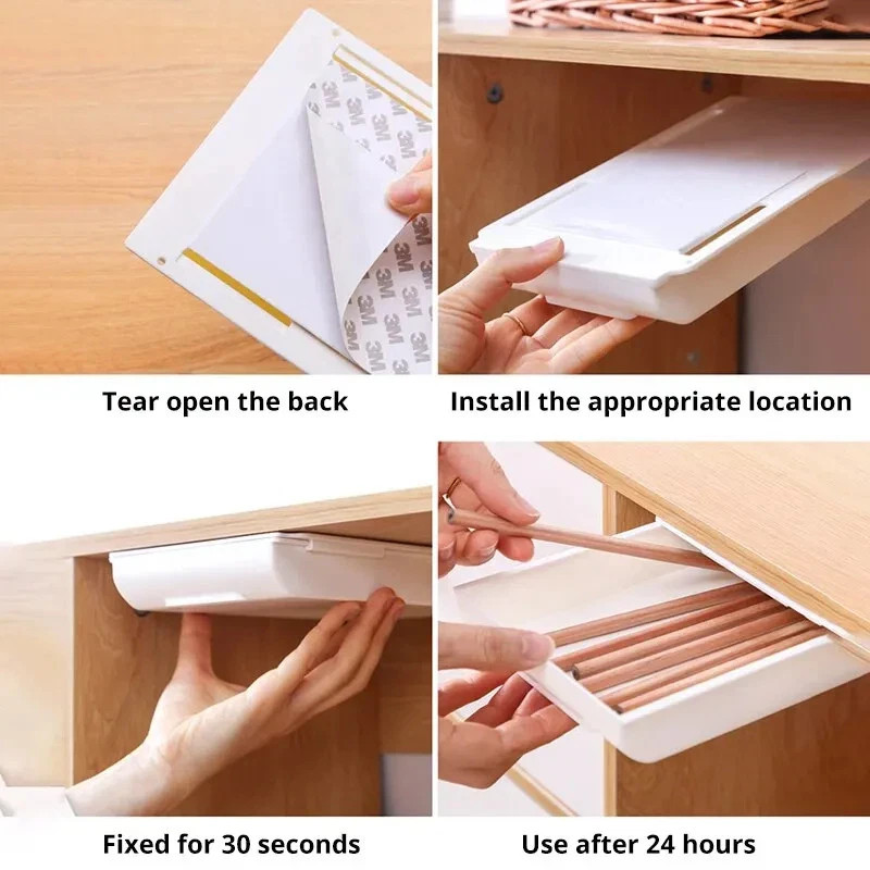 White Self-Adhesive Storage Drawer Box Makeup Pencil Tray Desk Hidden Under Desk