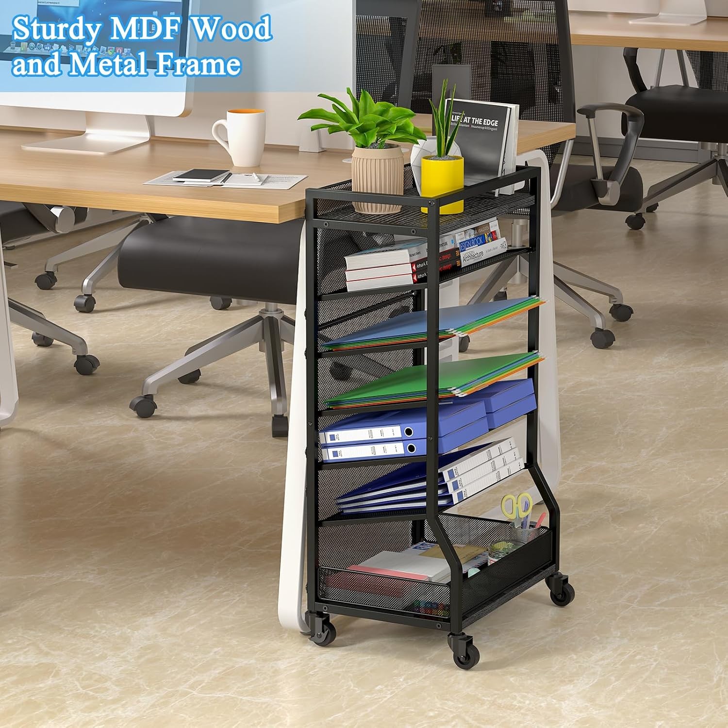 7 Tier Rolling File Cart with Sliding Trays, Wood Metal File Organizer Beside…