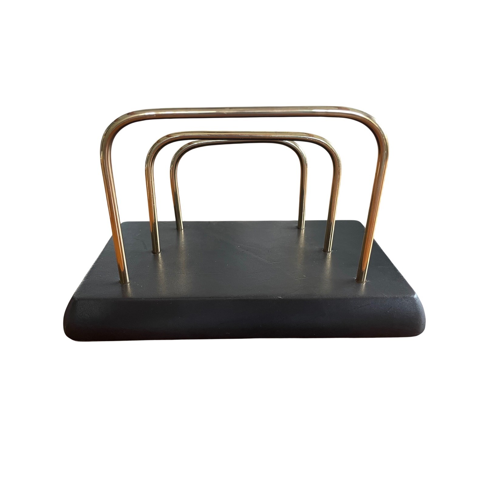 Vintage Tiered Letter Sorter Desk Organizer Gold Wire Black Faux Leather Base
