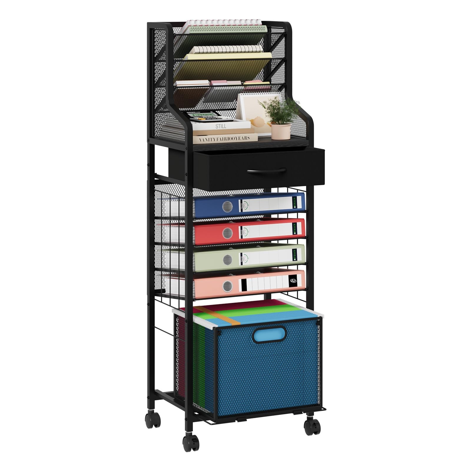 10-Tier Rolling File Cart – Mesh Organizer with Drawer and Hanging File Folde…