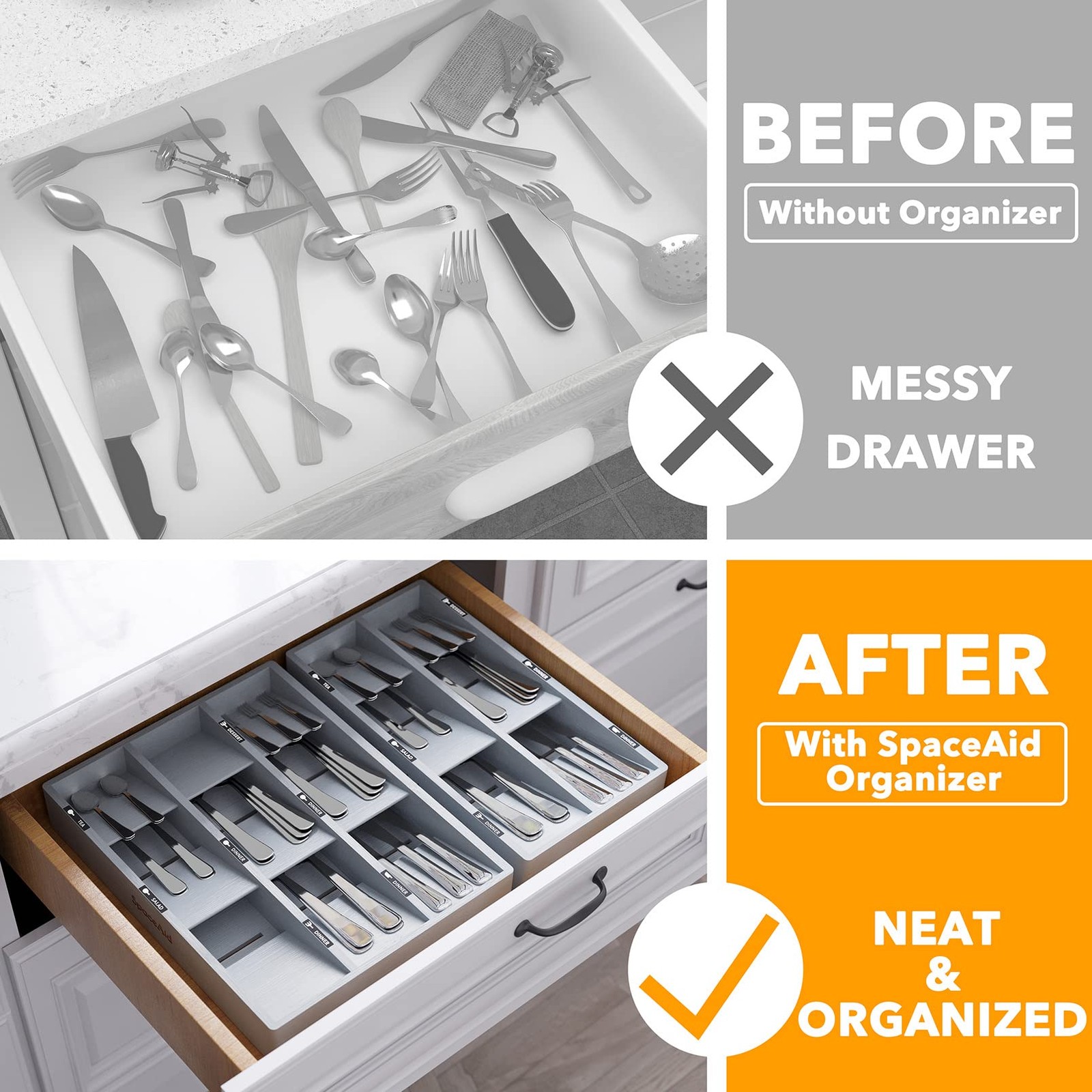 SpaceAid Bamboo Silverware Drawer Organizer with 15.6″L x 8″W x 2.4″H, Gray