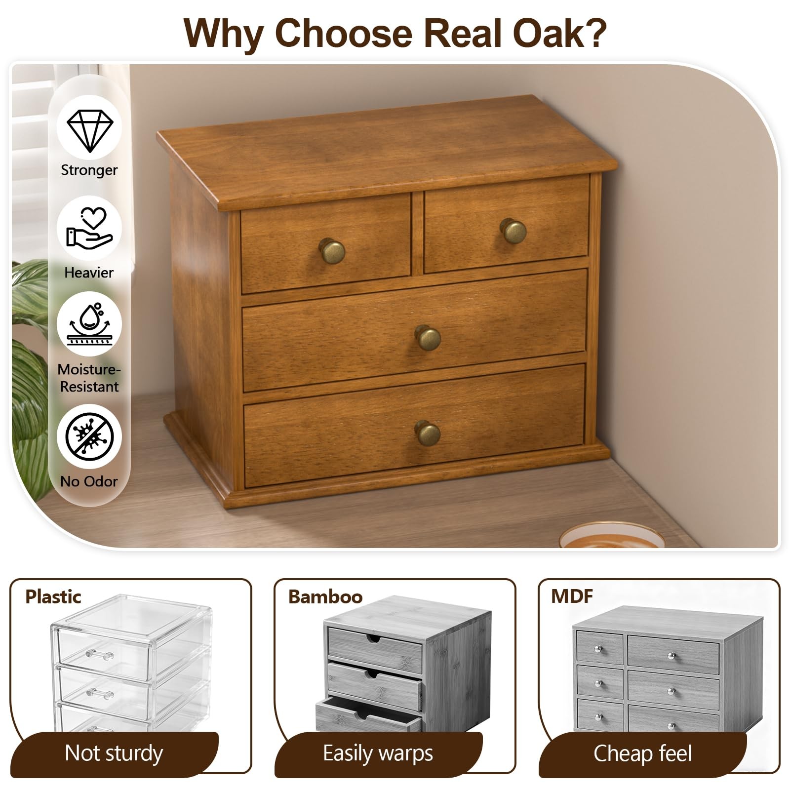 Walnut Oak Desk Organizer with 4 Drawers, Wooden Desktop Storage Box